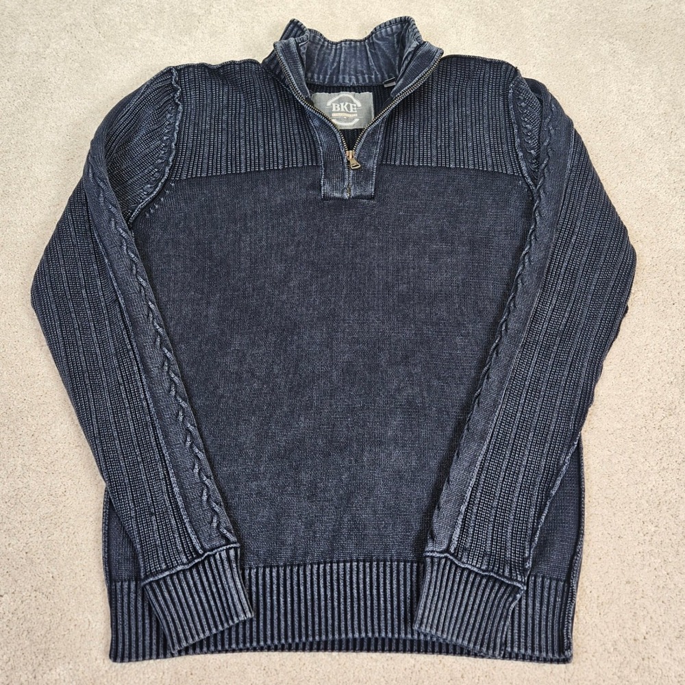 BKE Mens Standard Fit Quarter Zip Pullover Sweater Blue Cotton Ribbed Knit Sz M